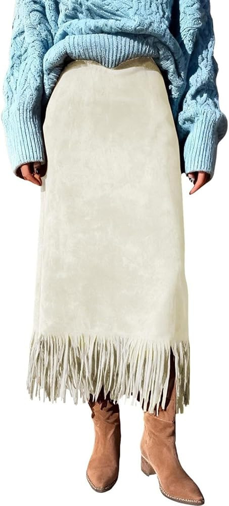 Women's Fringe Trim Faux Suede Skirt High Waisted Pencil Dressy Fall Winter Midi Long Skirt | Amazon (US)