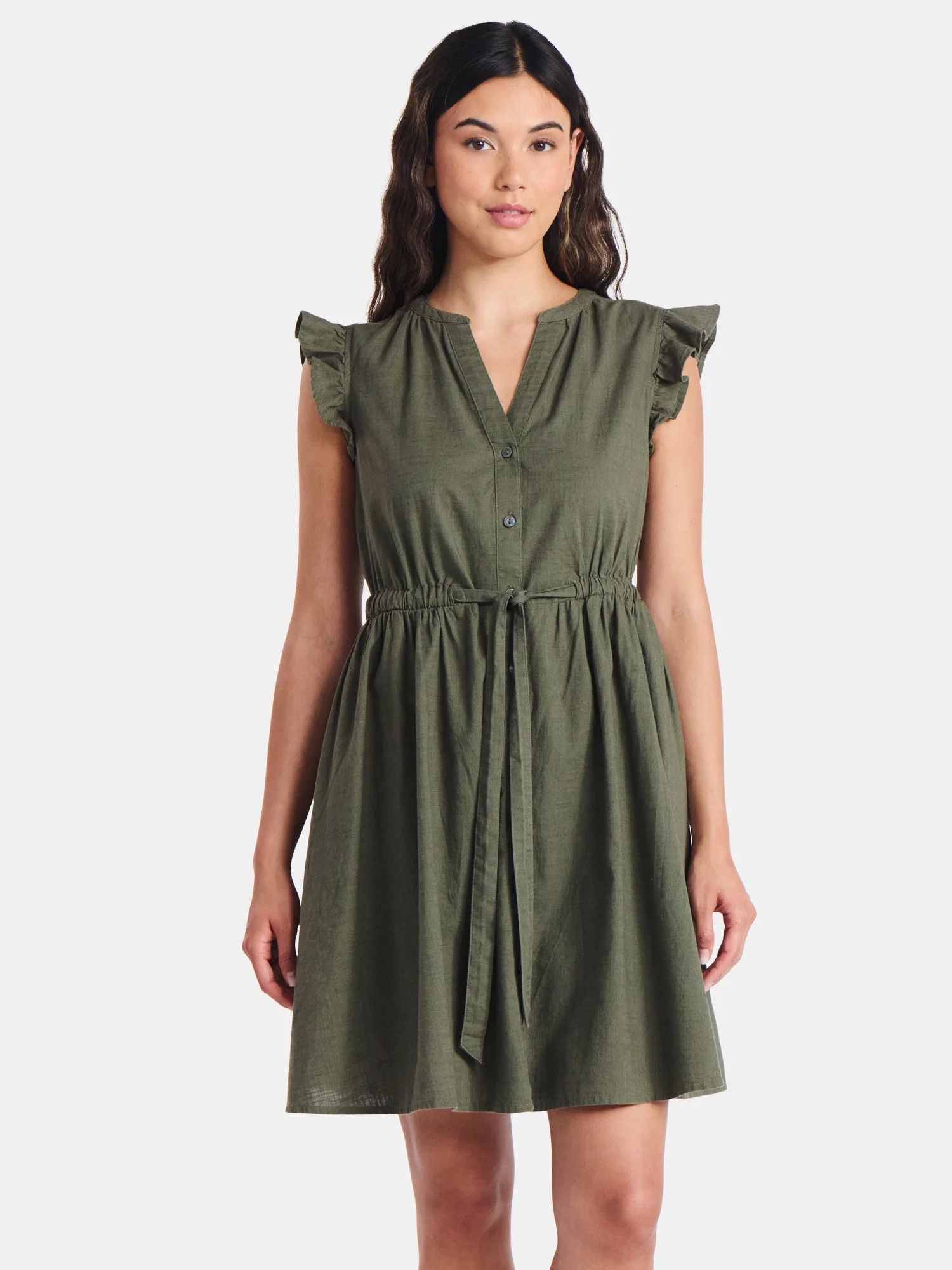 Time and Tru Women's and Women's Plus Button Front Cotton Mini Dress with Flutter Sleeves, Sizes ... | Walmart (US)