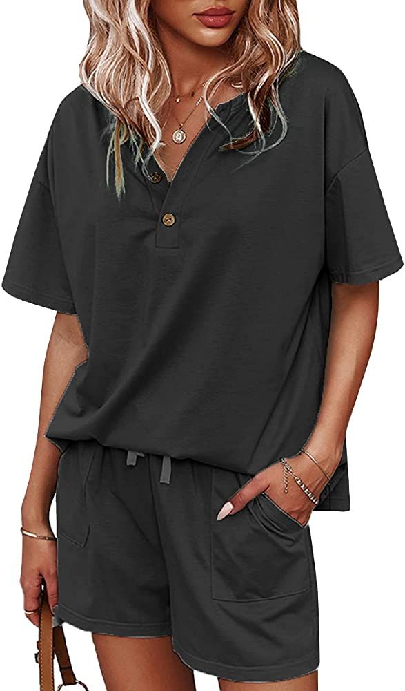 CORSKI Women's Short Sleeve Sweatsuit Sets Lounge 2 Piece V Neck Tracksuit Casual Loose Fit Outfi... | Amazon (US)