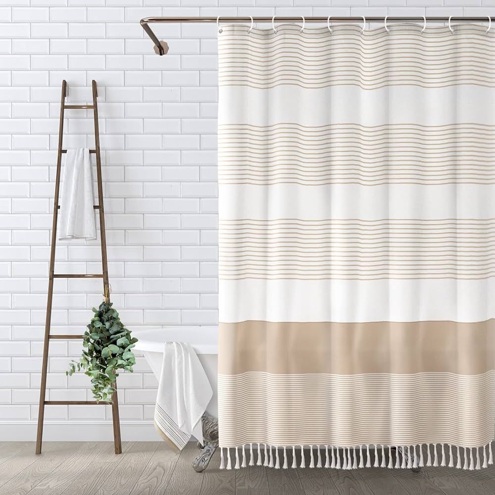 Awellife Boho Beige Shower Curtain for Bathroom Stripe Knotted-Tassel Shower Curtain 72 X 72 Inch... | Amazon (US)