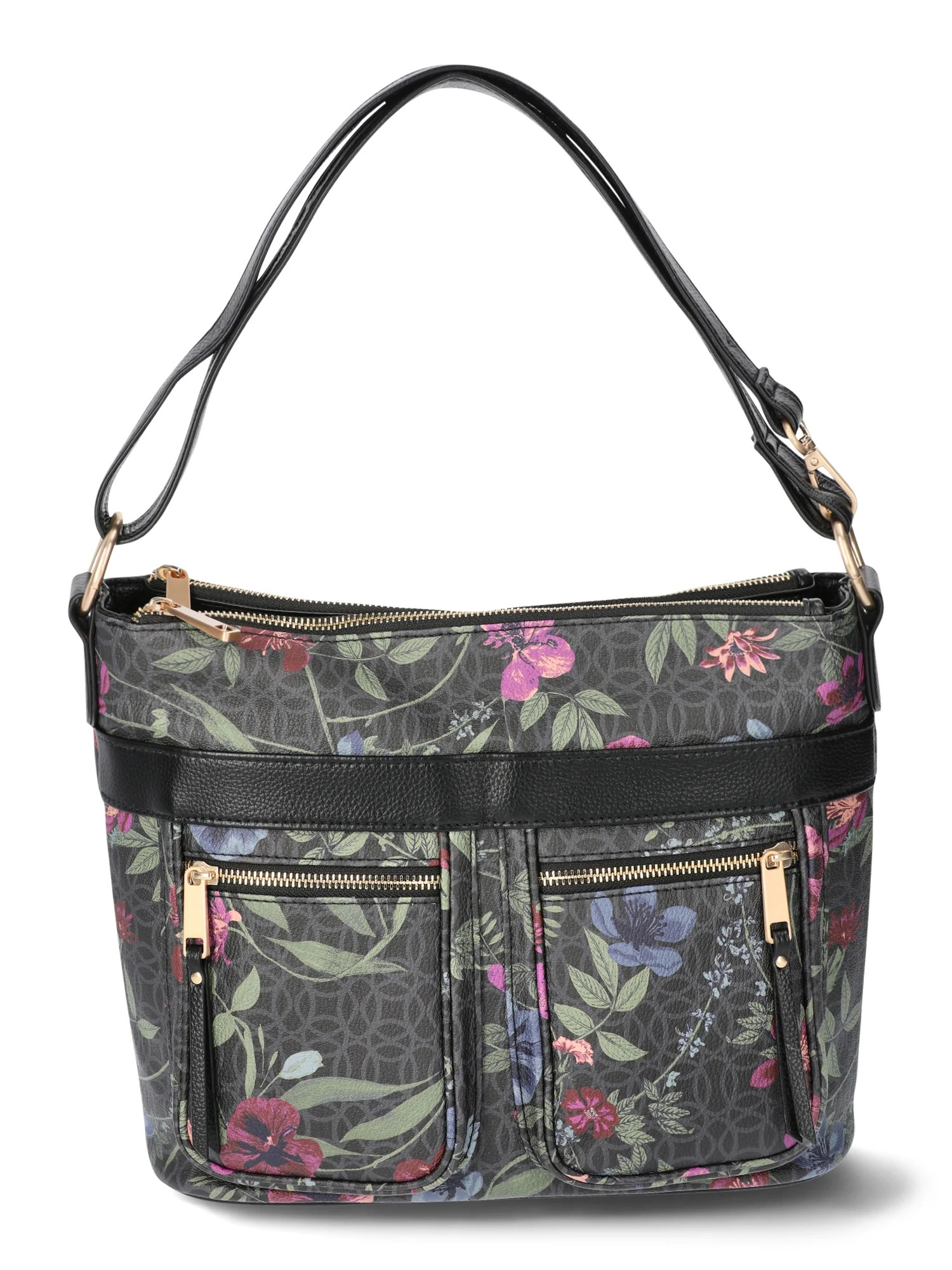 Time and Tru Women's Harlow Convertible Faux Leather Hobo Handbag, Black Floral | Walmart (US)