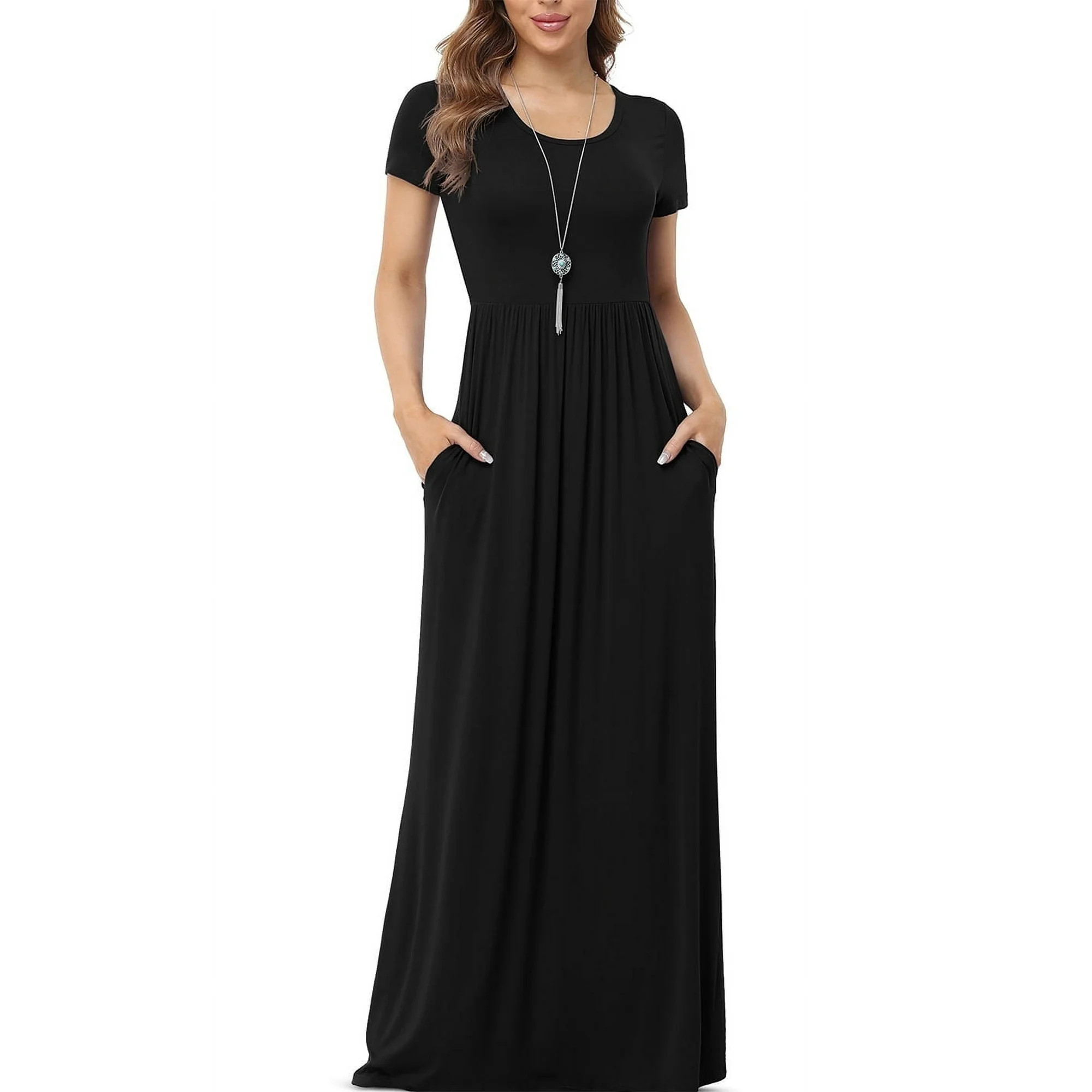 Asklazy Women's Short Sleeve Loose Plain Maxi Dresses Casual Long Dresses with Pockets | Walmart (US)