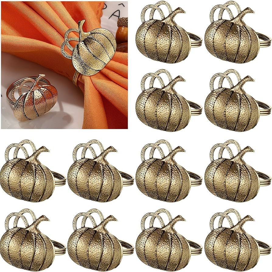 Patelai 12 Pcs Bronze Fall Napkin Ring Set Pumpkin Napkin Holder | Amazon (US)