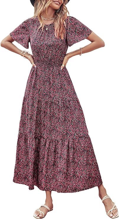 PRETTYGARDEN Women Short Sleeve Crew Neck Smocked Elastic Waist Tiered Maxi Dress Summer Boho Flo... | Amazon (US)