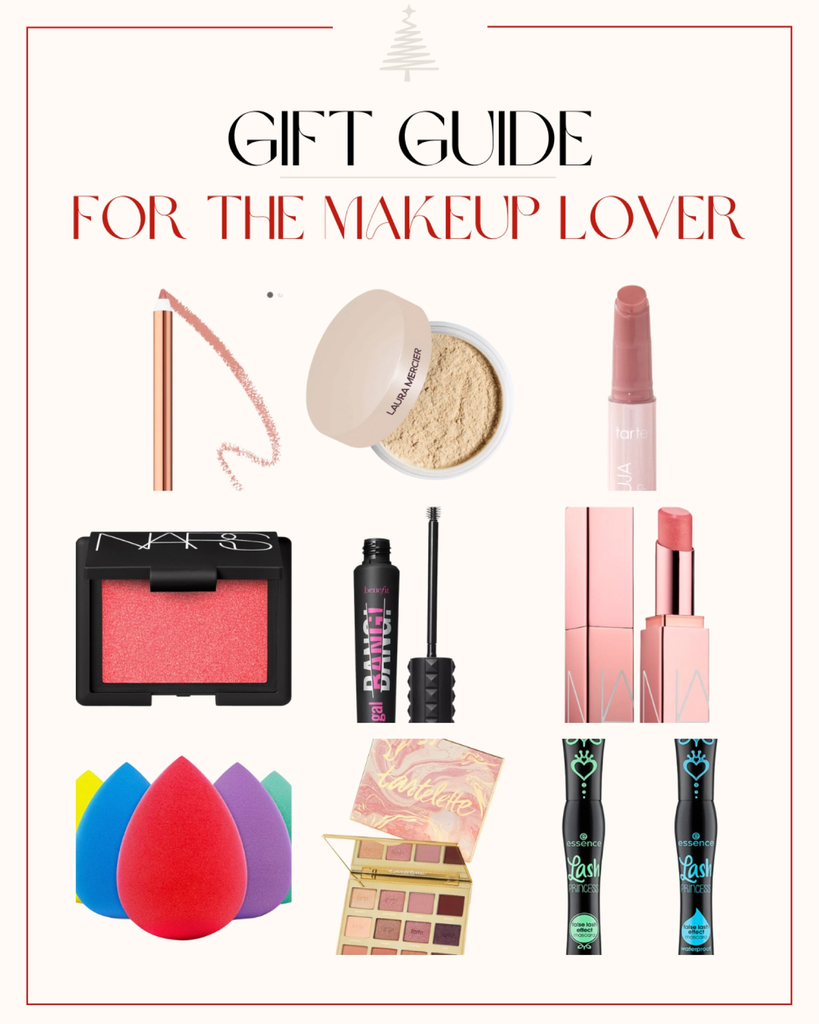 Gift Guidry for the makeup lover, nars, Laura merrier, Charlotte tilbury, tarte juicy lips, mascara, Beakey, essence, mascara, eyeshadow 

#LTKstyletip #LTKSeasonal #LTKbeauty