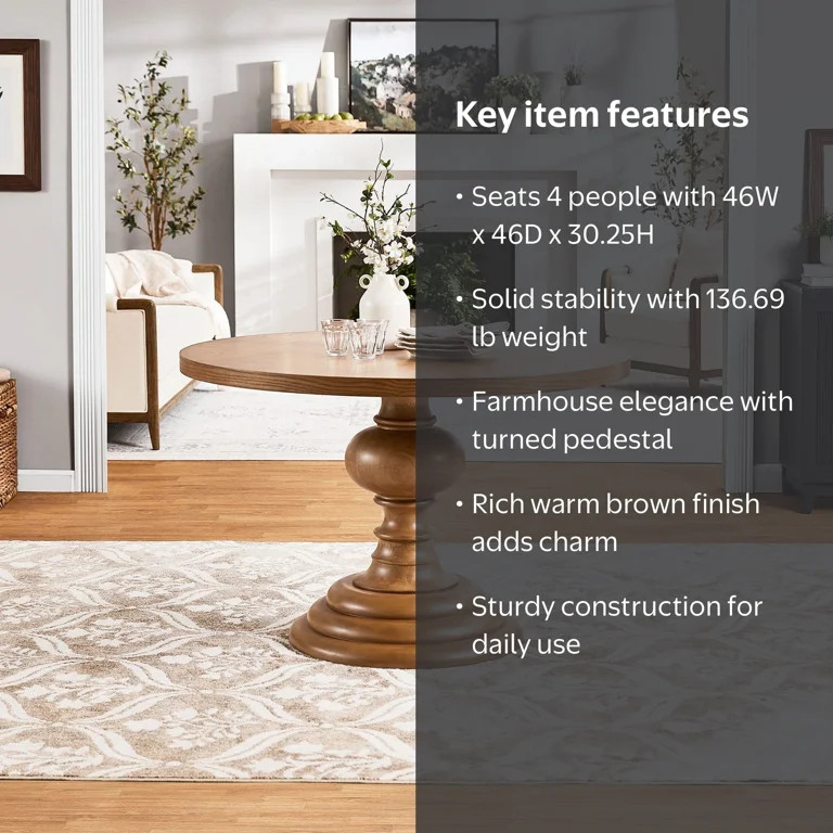 My Texas House Perry Round Dining Table with Warm Brown Finish and Pedestal Base | Walmart (US)