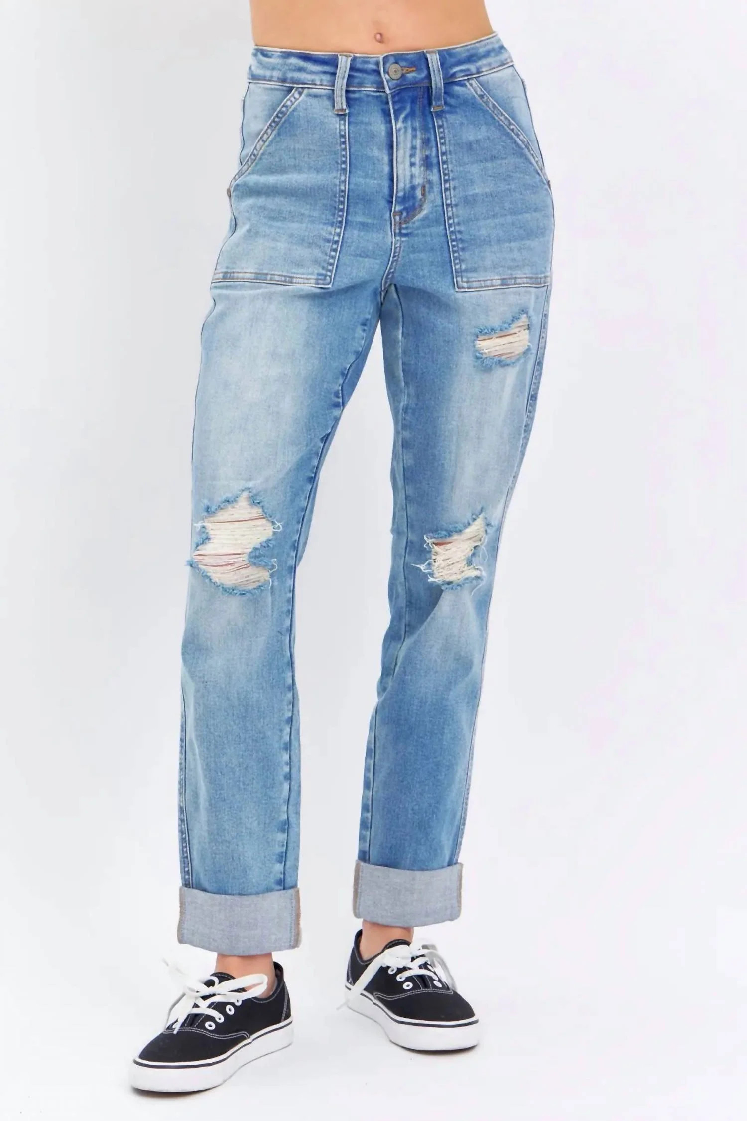 High Waist Patch Pocket & Destroy Boyfriend Jean In Medium Wash | Shop Simon