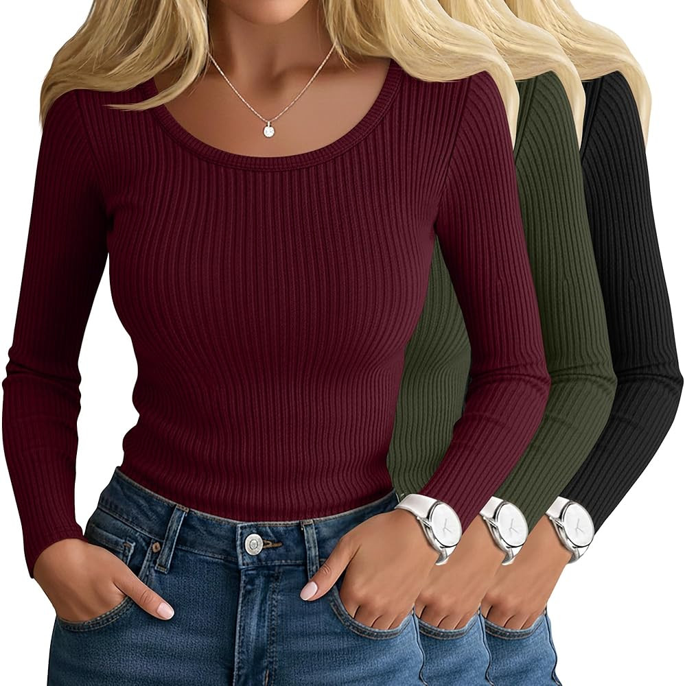 Ficerd 3 Pack Women's Ribbed Long Sleeve Tops Scoop Neck Slim Fit Shirts Cotton Casual Fall Going... | Amazon (US)