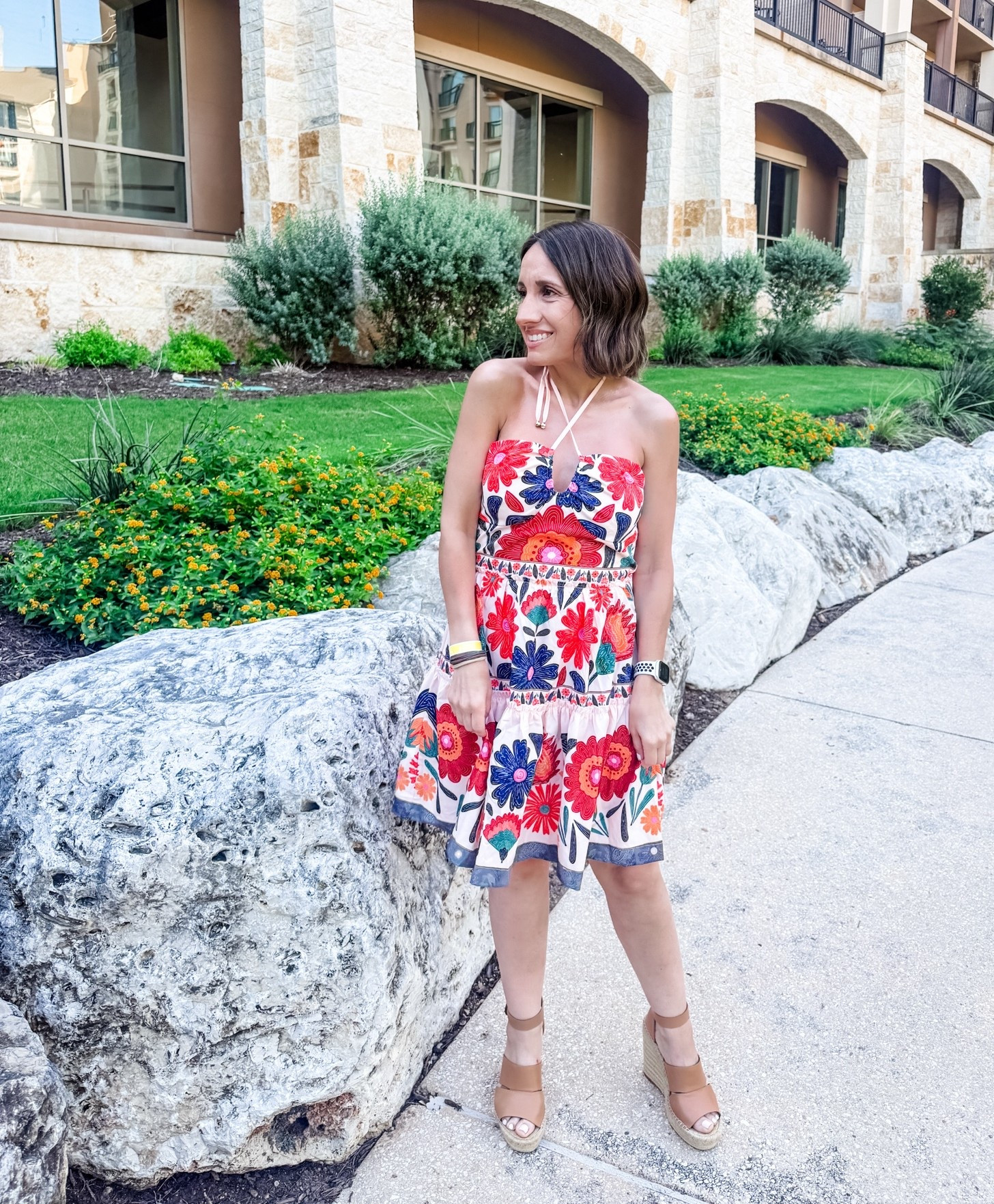Floral dress with open toe wedge sandals. 
Petite style 
Petite outfit

#LTKootd #LTKPetite #LTKOver40