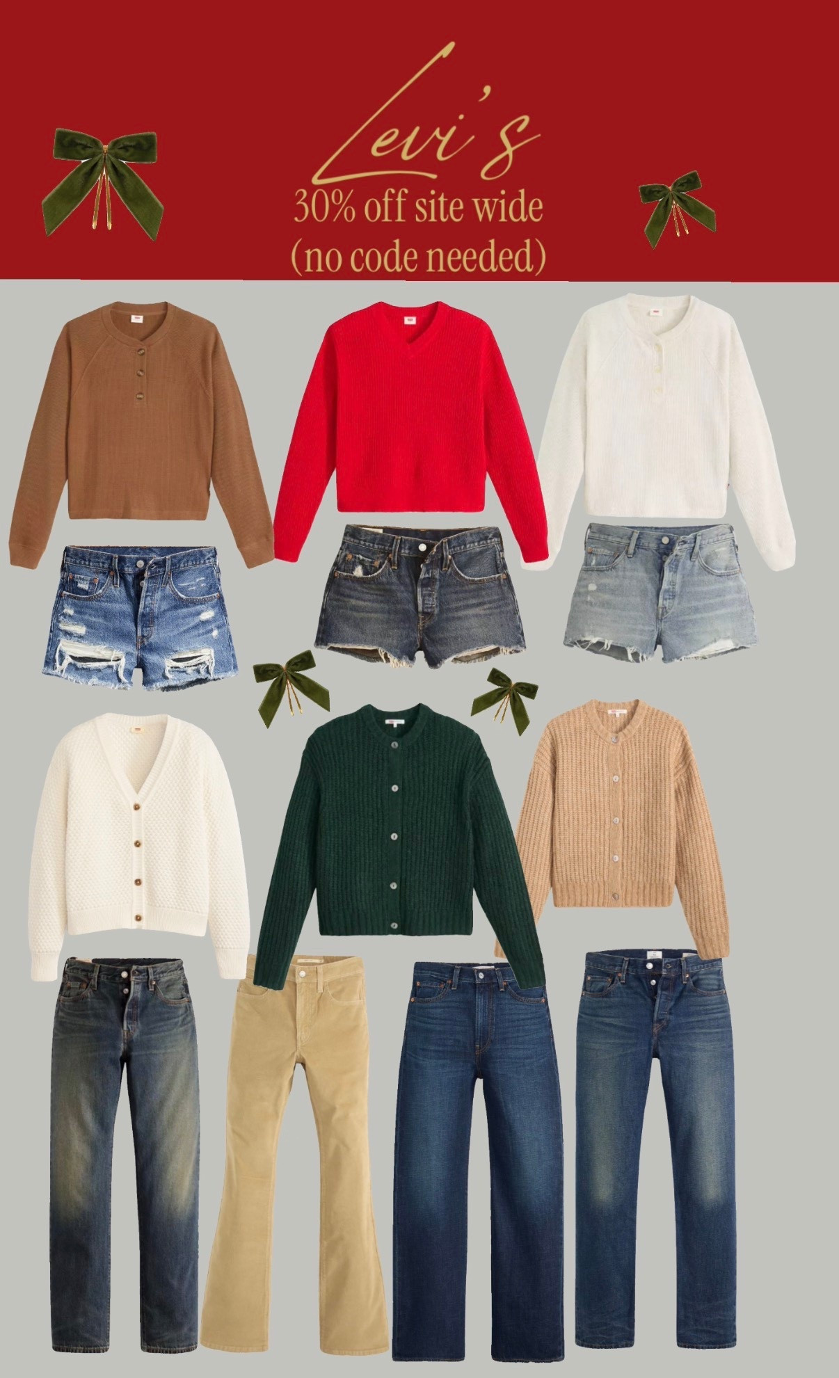 A massive Levi's sale alert just dropped! 🚨 Get 30% OFF SITE WIDE—no code needed! This is the perfect time to grab those iconic denim pieces and cozy holiday sweaters.
I rounded up my favorites to create some effortless, classic looks that work perfectly for casual holiday gatherings or just running errands: 
• Holiday Sweaters: Obsessed with the classic henley, the cropped red knit, and the textured cardigans in creamy white, rich green, and cozy tan. They look amazing layered!
• The Best Denim: I included my go-to high-rise shorts for warm-weather trips, plus new styles of straight-leg and flared jeans that are super flattering.
• Corduroy: Don't miss the wide-leg corduroys! They are a great alternative to denim for a cool retro vibe.
Stock up on staples and grab some gifts now while the discount is deep! Everything is linked and ready to shop!

#LevisSale #DenimDeals #LTKSale #Levis #CozySweater #CardiganSeason #HolidayStyle #LTKFinds

#LTKHoliday #LTKGiftGuide #LTKSeasonal