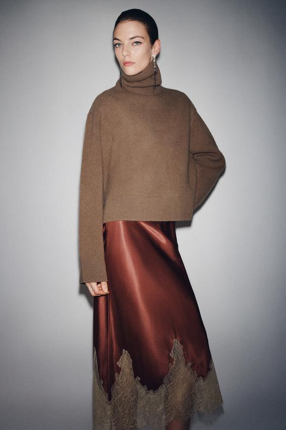 CONTRAST LACE SATIN SKIRT ZW COLLECTION | Zara US