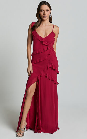 Nitha Maxi Dress - Asymmetrical Frill Thigh Split Dress in Berry | Showpo (US, UK & Europe)
