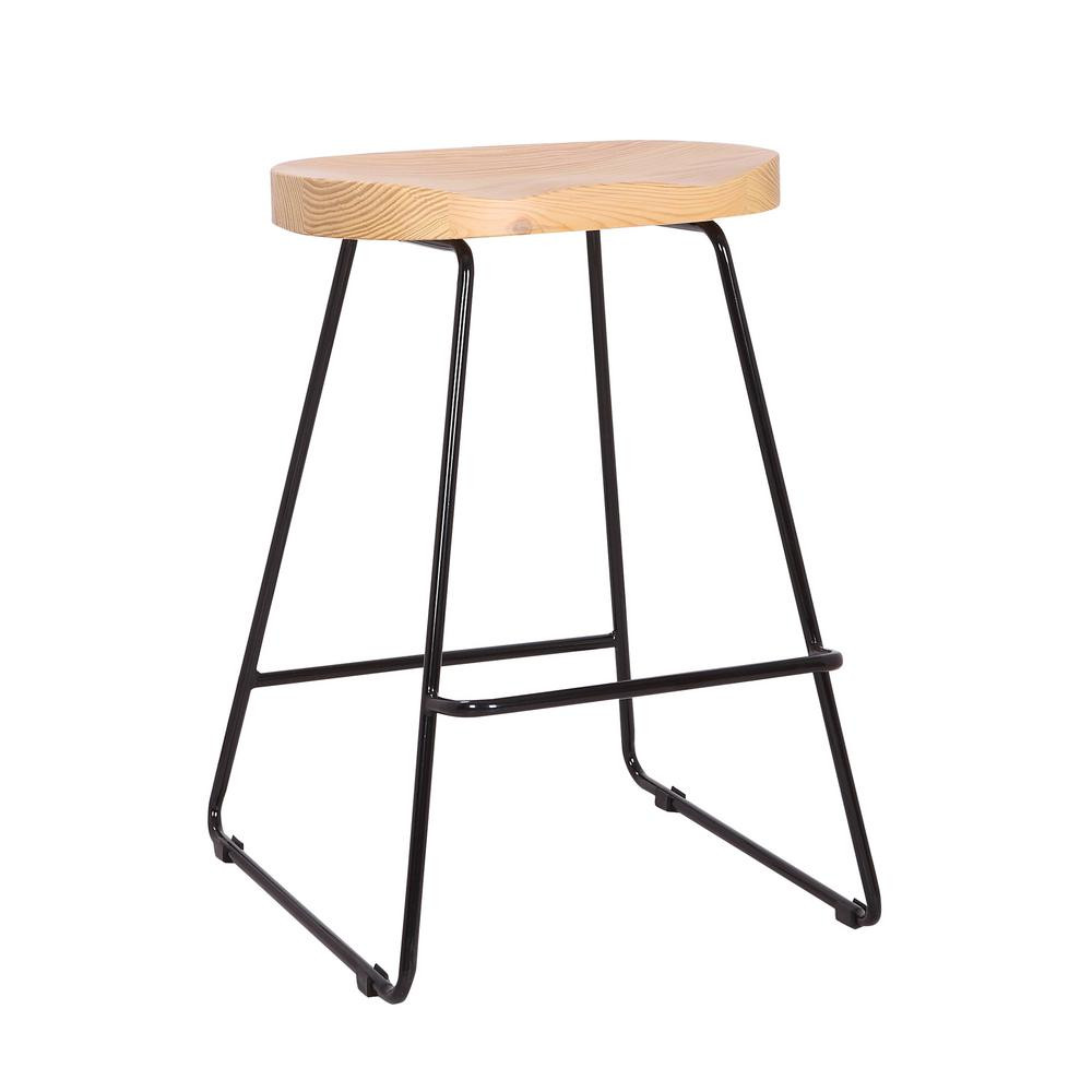 AC Pacific Modern Farmhouse Metal and Wood Saddle Seat Barstool, 24"", Set of 2, Glossy Black | The Home Depot