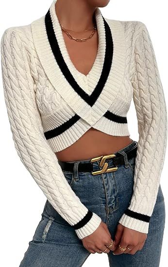 WDIRARA Women's Striped V Neck Cable Knit Sweater Asymmetrical Hem Long Sleeve Crop Top | Amazon (US)