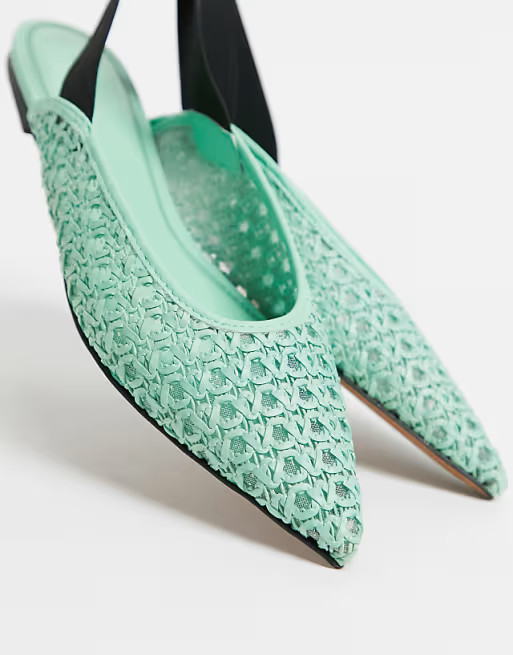 ASOS DESIGN Louie woven slingback ballet flats in green | ASOS (Global)