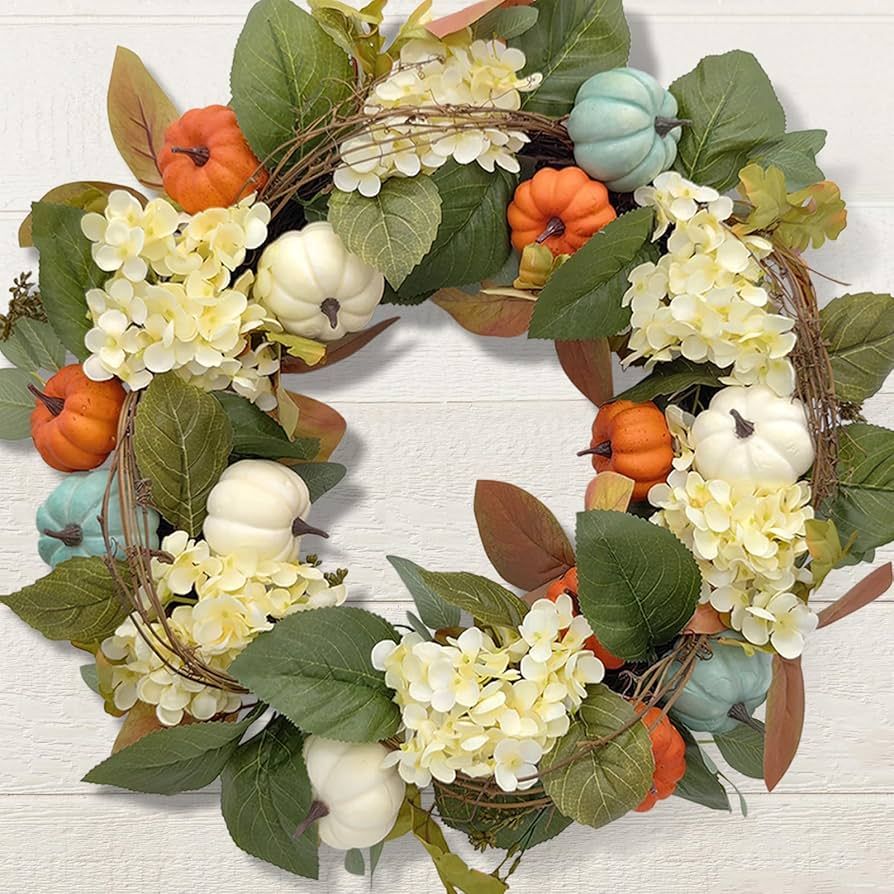 Fall Wreath for Front Door, 24’’ Artificial Pumpkins, Maple Leaf and Hydrangeas Twig Thanksgi... | Amazon (US)