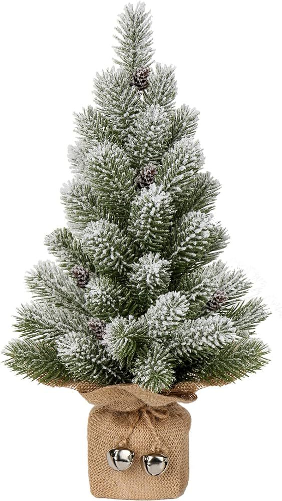 Mini Christmas Tree Snow Flocked Artificial Xmas Cone Tree with Pine Cones and Jingle Bells in Bu... | Amazon (US)