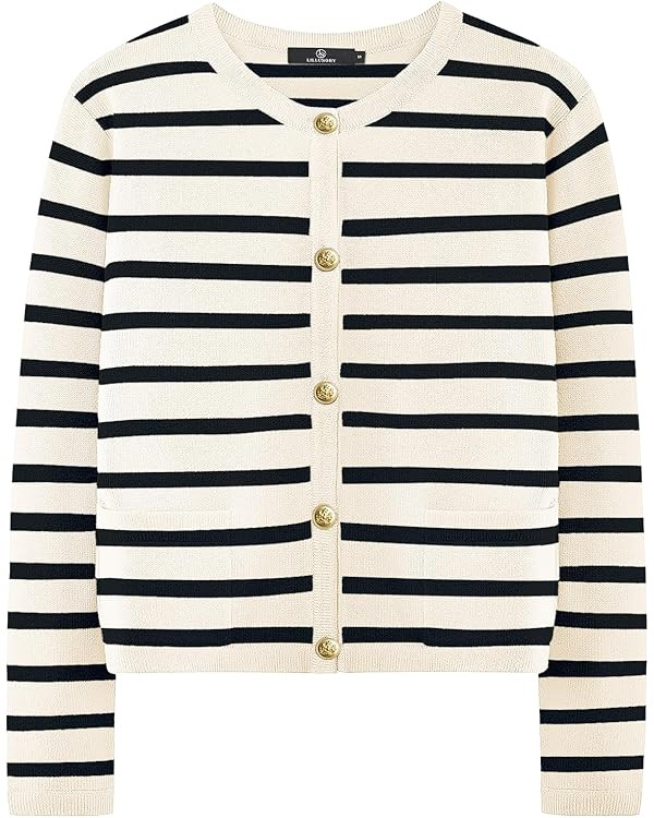 LILLUSORY Women's Crew Neck Gold Buttons Cardigan Sweaters Lady Jacket with Patch Pockets | Amazon (US)