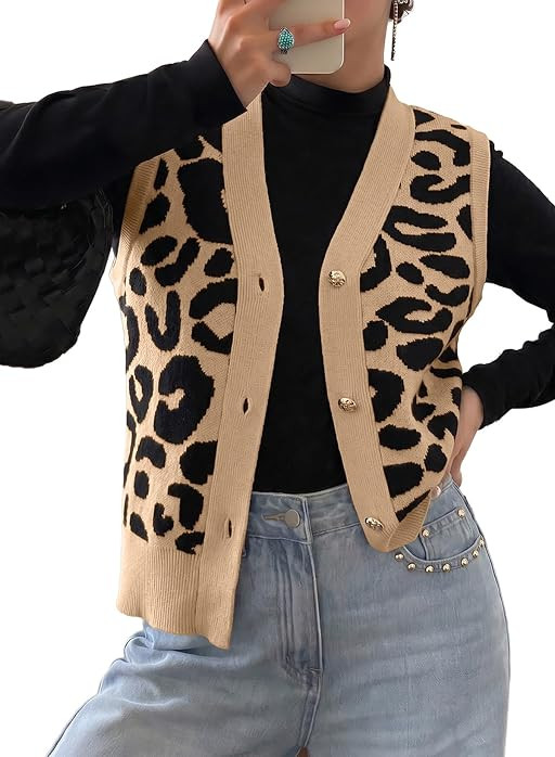 EVALESS Womens V Neck Cardigan Sweater Vest Button Up Leopard Print Tops | Amazon (US)