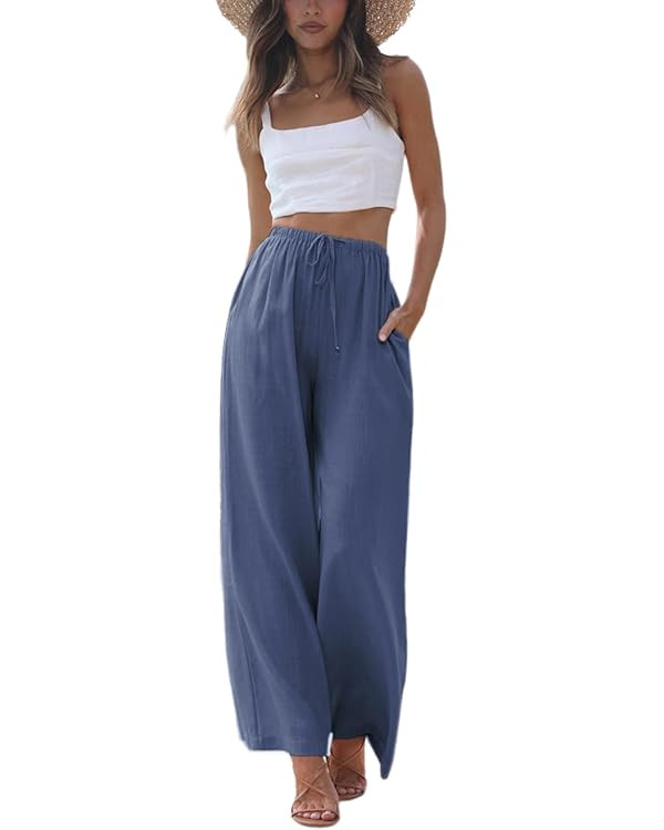 Faleave Women's Cotton Linen Summer Palazzo Pants Flowy Wide Leg Beach Trousers with Pockets | Amazon (US)
