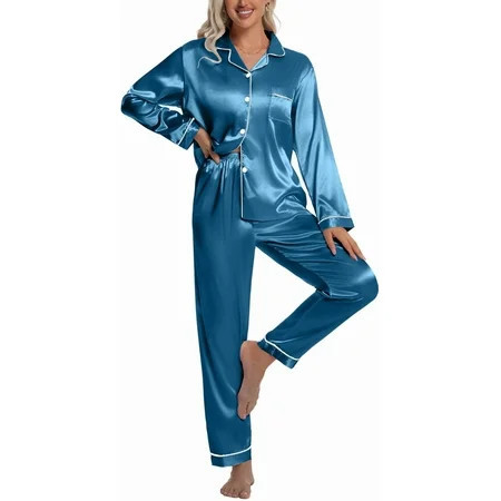 DAKIMOE Sleepwear Womens Silky Satin Pajamas Set Long Sleeve Nightwear Loungewear, Peacock Blue, L | Walmart (US)