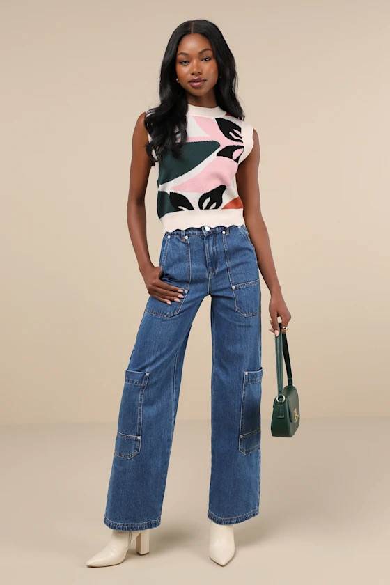 Franklin Medium Wash Cotton Denim High-Rise Wide-Leg Cargo Jeans | Lulus