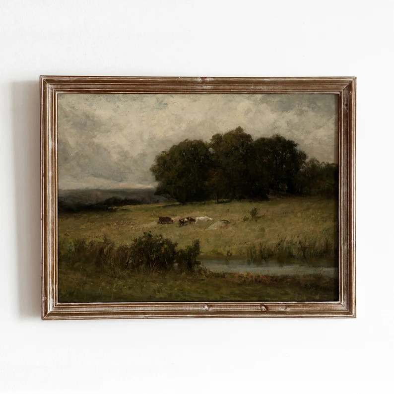 Grazing Cows Near Stream Vintage Landscape Oil Painting Moody Farmhouse Artwork Digital Download ... | Etsy (US)