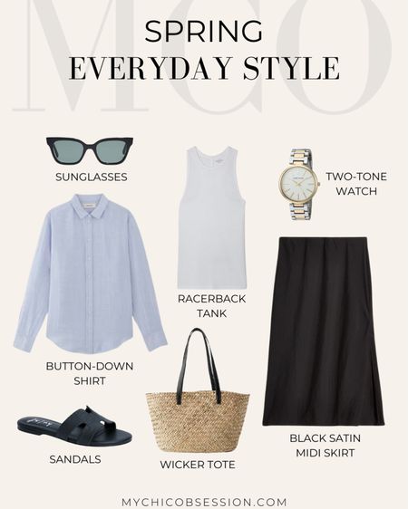 Wondering how to style your black midi skirt in a spring outfit? Try this: start with a racerback tank, underneath an open button down shirt. Add a two-toned watch, a woven basket tote, sunglasses, and black sandals to finish the look. 

#LTKstyletip #LTKSeasonal