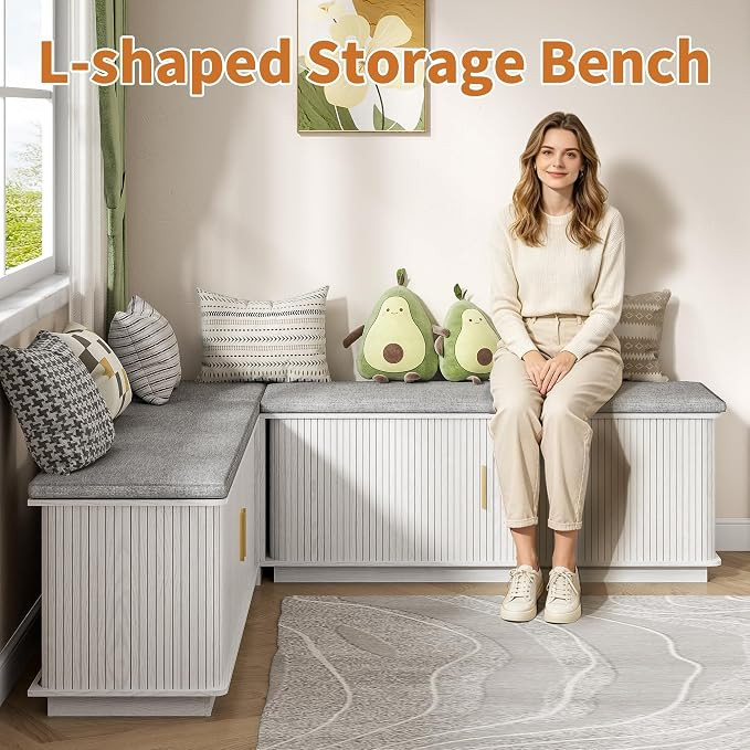 L-Shape Storage Bench with Cushion, Corner Dining Bench with Hidden Storage, Breakfast Nook Bench... | Amazon (US)