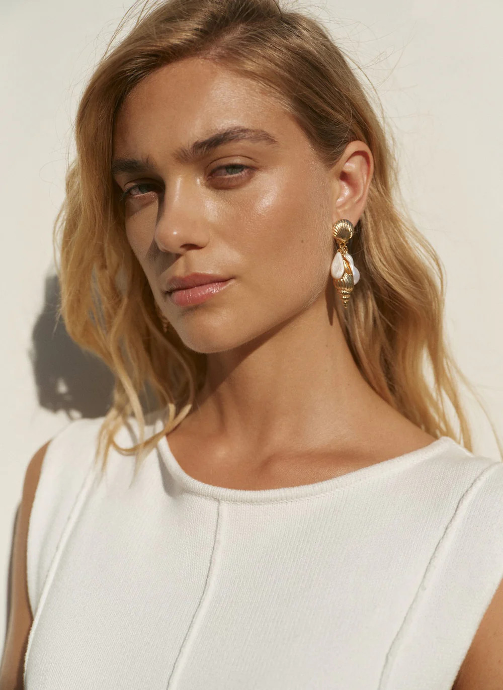 Gold Tone Shell Pearl Drop Earrings | Mint Velvet