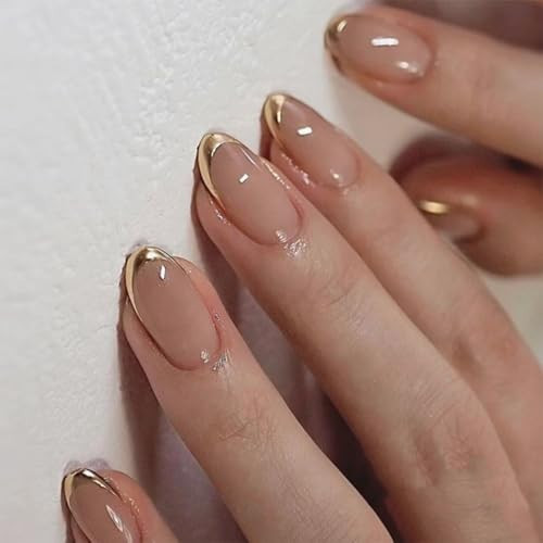 Gold Press on Nails Medium Almond Fake Nails Press ons French Tip False Nail with Designs Glossy Full Cover Acrylic Artificial Stick on Nails Reusable Glue on Nail for Women Manicure 24Pcs | Amazon (US)
