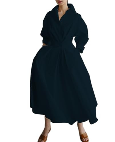 Cotton Linen Maxi Shirt Dress for Women Button Smocked Waist Loose Long Dress Long Sleeve Lapel B... | Amazon (US)