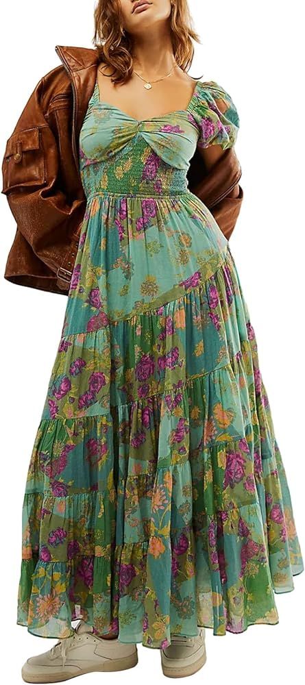 Women Boho Floral Maxi Dresses Puff Sleeve Floral Print Smocked Flowy Long Dress Spring Summer Su... | Amazon (US)