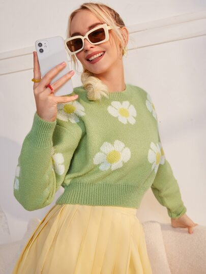 SHEIN Drop Shoulder Floral Pattern Sweater | SHEIN