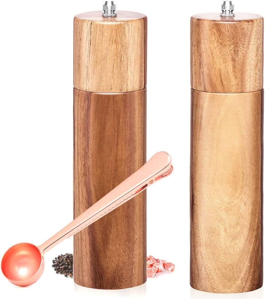 Wooden Salt and Pepper Grinder Set - Salt and Pepper Mill w/ Rose Gold Scoop - Pepper Grinder, Se... | Amazon (US)