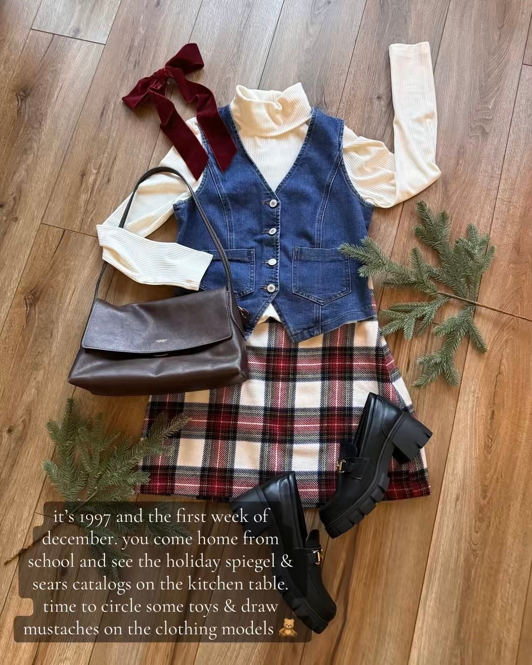 90s inspired christmas time outfits. plaid skirt is a seasonal item at abercrombie. it returns every late october/November but there are a bunch on second hand shops!