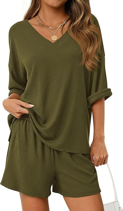 PRETTYGARDEN Womens 2 Piece Sets 2026 Oversized Vneck Half Sleeve Tops Shorts Lounge Set Casual S... | Amazon (US)