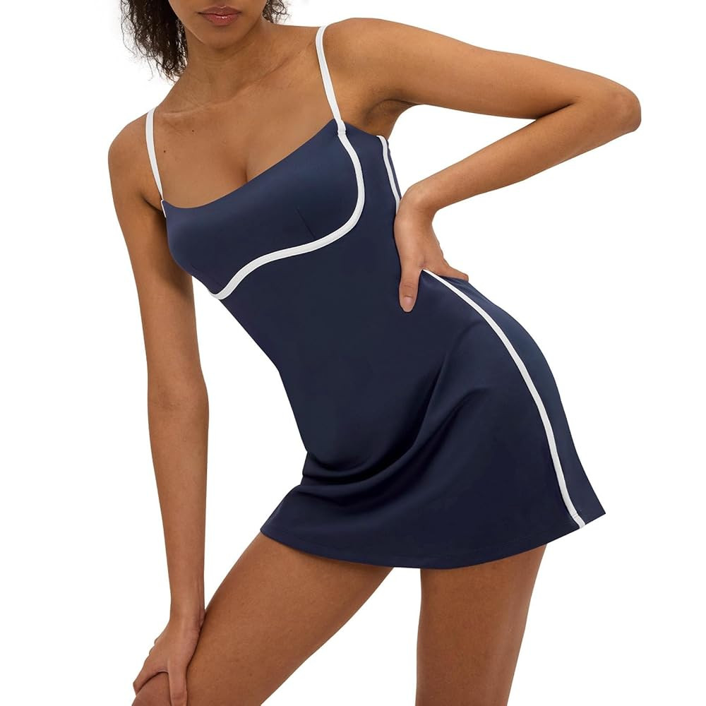 Womens Tennis Dress with Built in Shorts Sleeveless Square Neck Suspender Yoga Dress | Amazon (US)