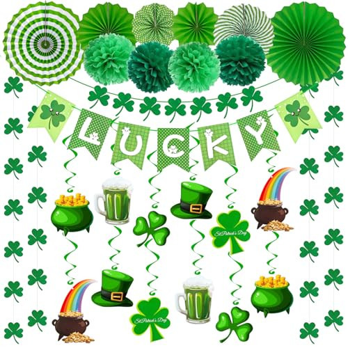 Butie 41 Pcs St Patricks Day Decorations, Pre-Assembled Shamrock Banner Garland, Hanging Swirls, Paper Fans & Pompoms for Office & Home Wall Door, Irish Party Supplies | Amazon (US)