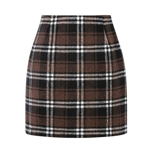High Waist Wool Plaid Skirts for Women Bodycon Pencil Mini Winter Dress for Curvy Womens Coffee Small 15 | Amazon (US)