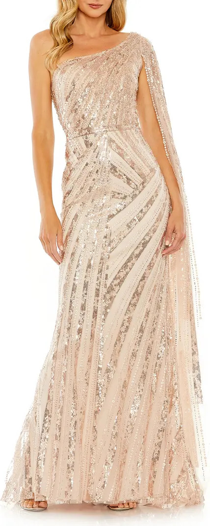 Sequin Cape Sleeve One-Shoulder Gown | Nordstrom
