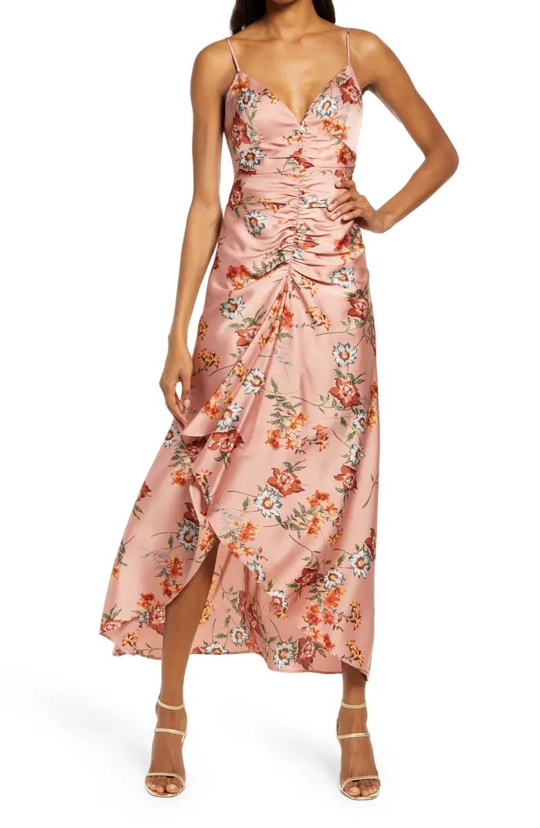 Floral Ruched Front Satin Midi Dress | Nordstrom