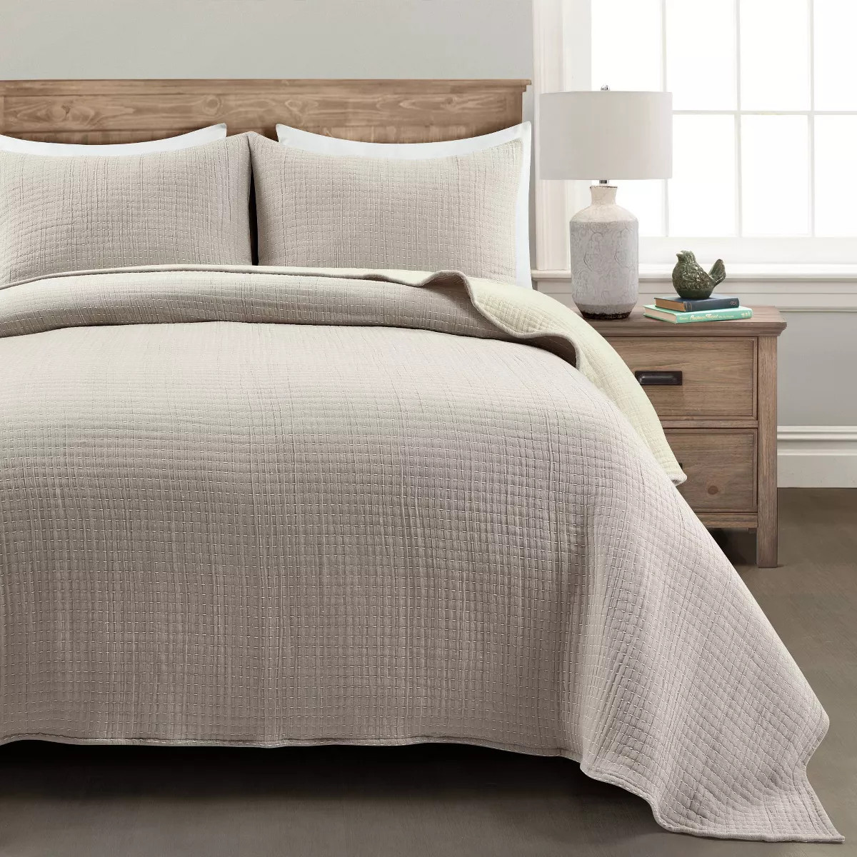 Lush Décor 3pc Full/Queen Pickstitch Quilt/Coverlet Neutral/Off White: Bedding Set with Shams, O... | Target