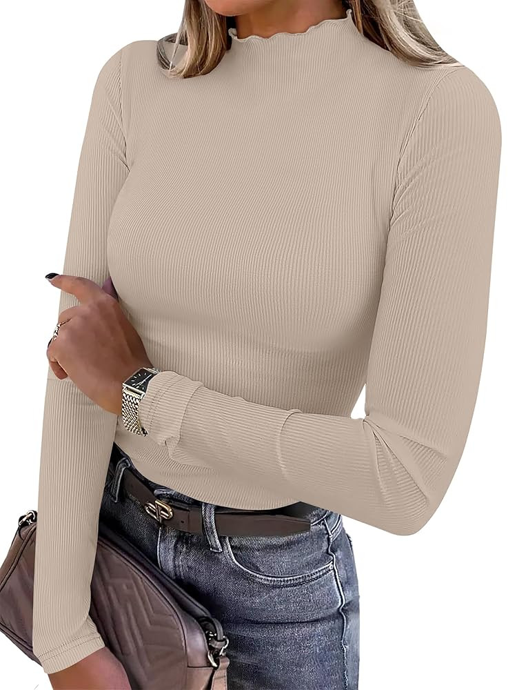 ANRABESS Women's Lettuce Trim Mock Neck Long Sleeve Tops 2025 Casual Dressy Ribbed Knit Slim Fit ... | Amazon (US)