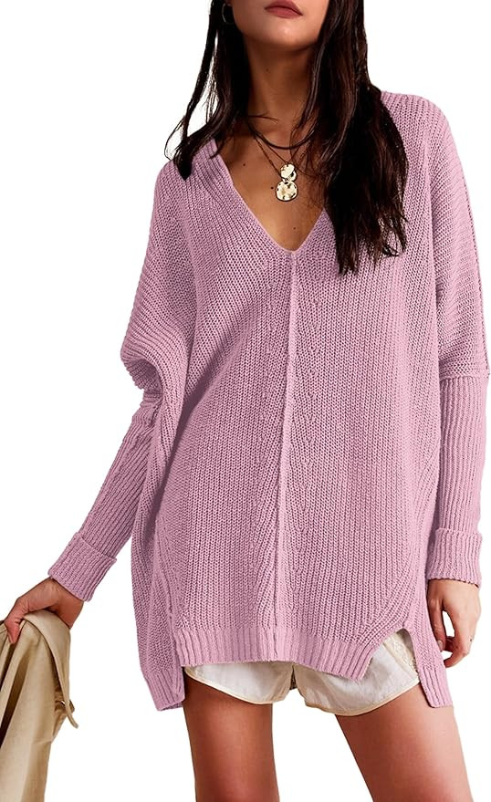 SuperPrity Womens Sweaters V Neck Long Sleeve 2024 Fall Oversized Front Slit Knit Pullover Sweate... | Amazon (US)
