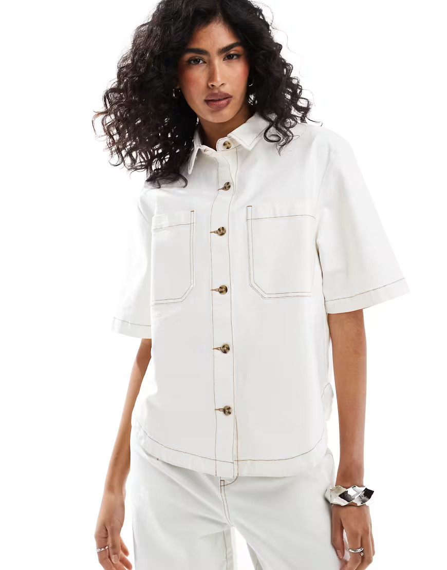 ASOS DESIGN short sleeve shirt with contrast stitch co-ord in off white-Neutral | ASOS (Global)