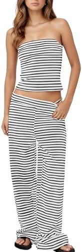 Women's Striped Two Piece Sets Cropped Tube Top and Wide Leg Pants Lounge Matching set with Pocke... | Amazon (US)