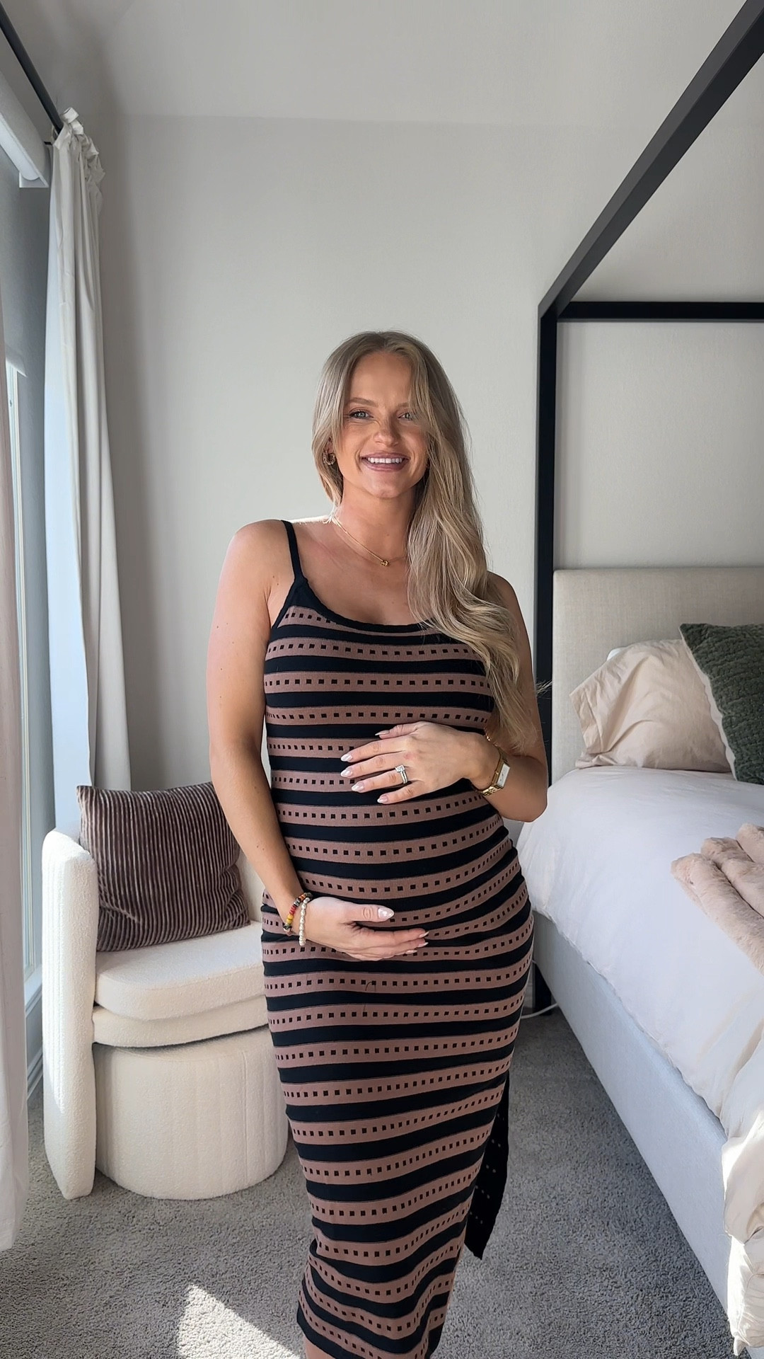 Another Amazon maternity outfit win. This bump friendly bodycon dress is a dream for third trimester styling. It is soft, stretchy, and super flattering. It is technically non maternity but fits perfectly over the bump and works for both casual days and more dressed up looks. I love the bold stripe and square dot pattern for something a little different in my spring maternity wardrobe.

Under 40 dollars and such a great Amazon pregnancy outfit find for warmer weather. If you are shopping for affordable pregnancy fashion, third trimester outfit ideas, or just want a non maternity dress that works with a bump, this one is a must. I am wearing size small!
#maternityfashion #bumpstyle #pregnancy #pregnant 

#LTKBump #LTKFindsUnder50