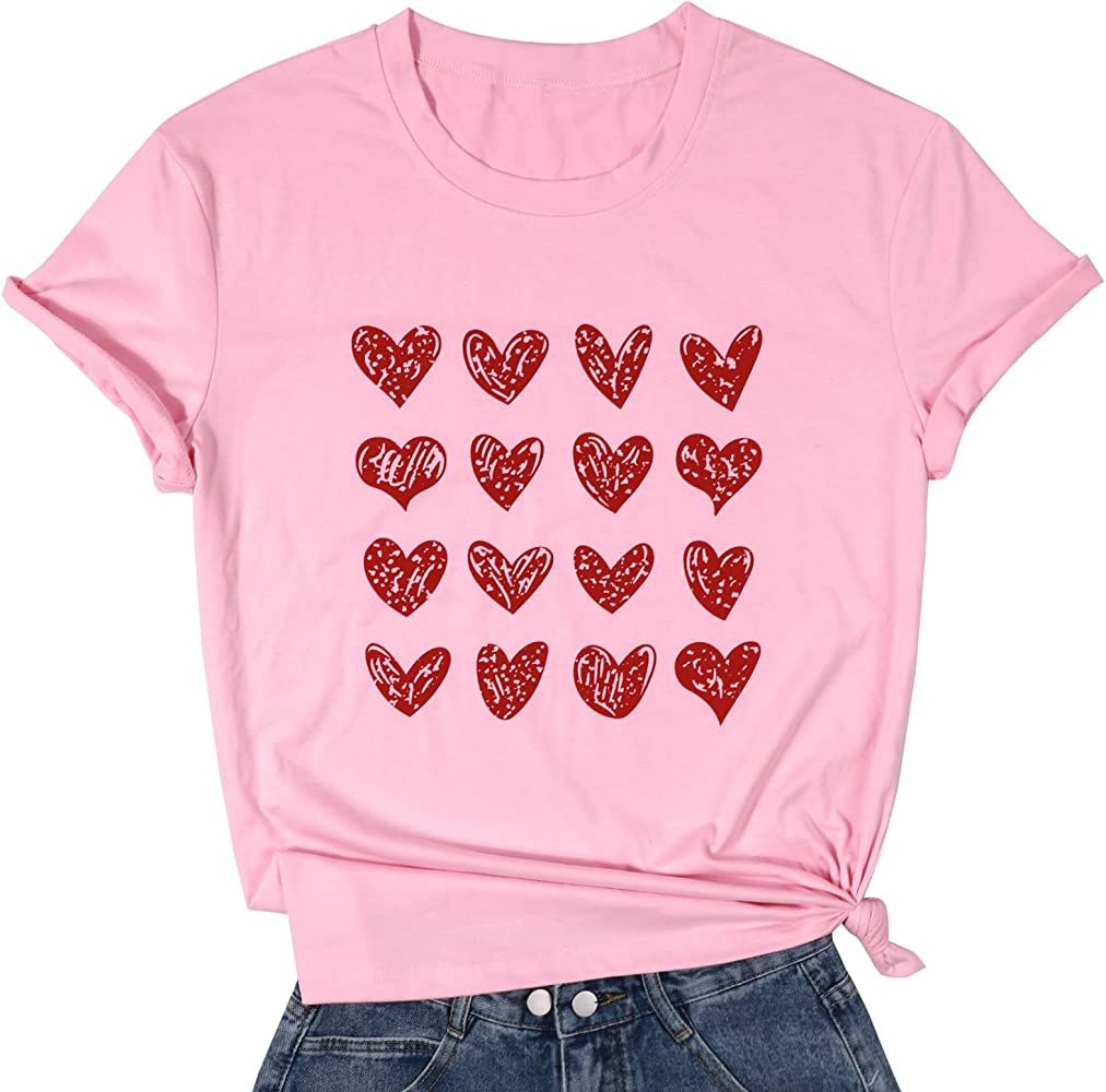 Women Valentine's Day Shirt Love Heart Graphic Tee Casual Valentine Gift for Girlfriend Short Sleeve | Amazon (US)