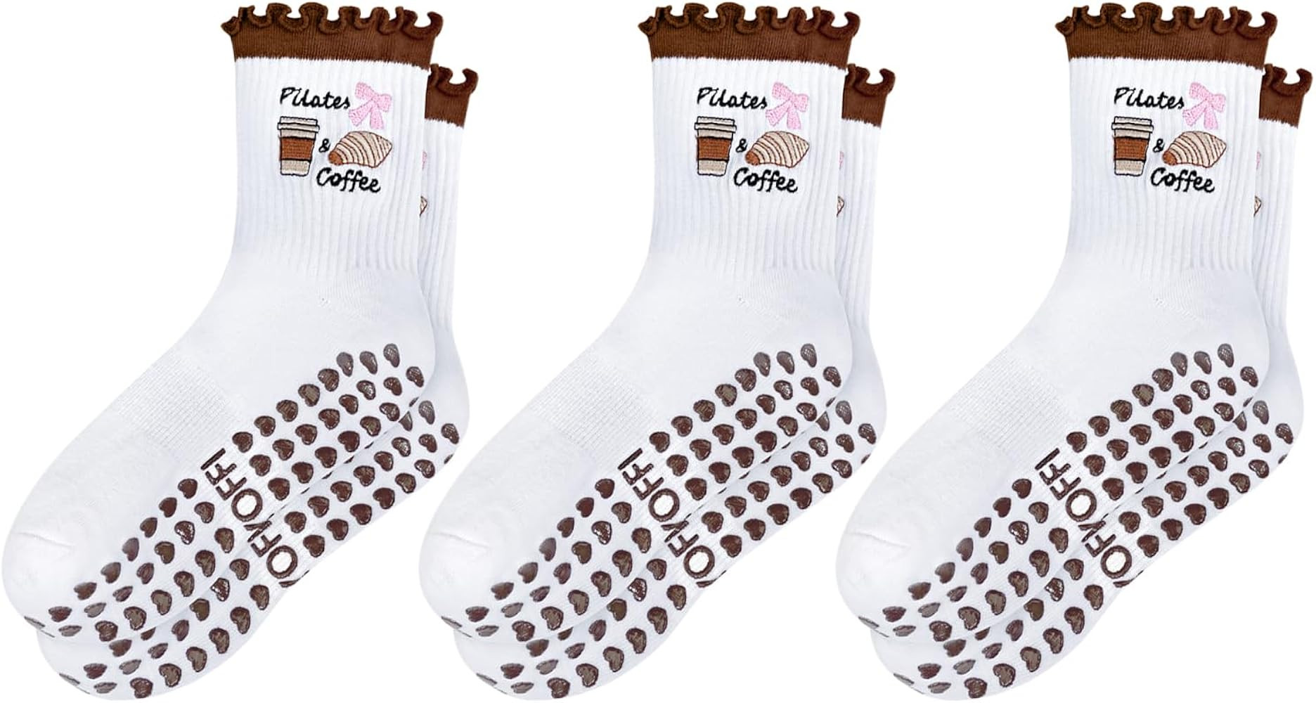Non Slip Pilates Socks: 3 Pairs Crew Cotton Ruffle Grip Socks for Women | Amazon (US)